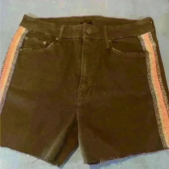 MOTHER Denim - Mother High Waisted Looker Jeans Shorts Accent Black 28 Summer Glitter Frayed